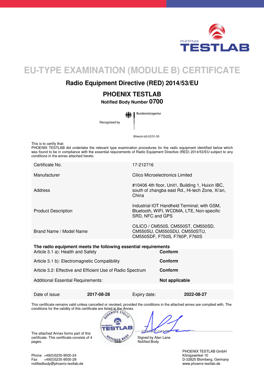 Radio Equipment Directive (RED) Certificate No. 17-212716