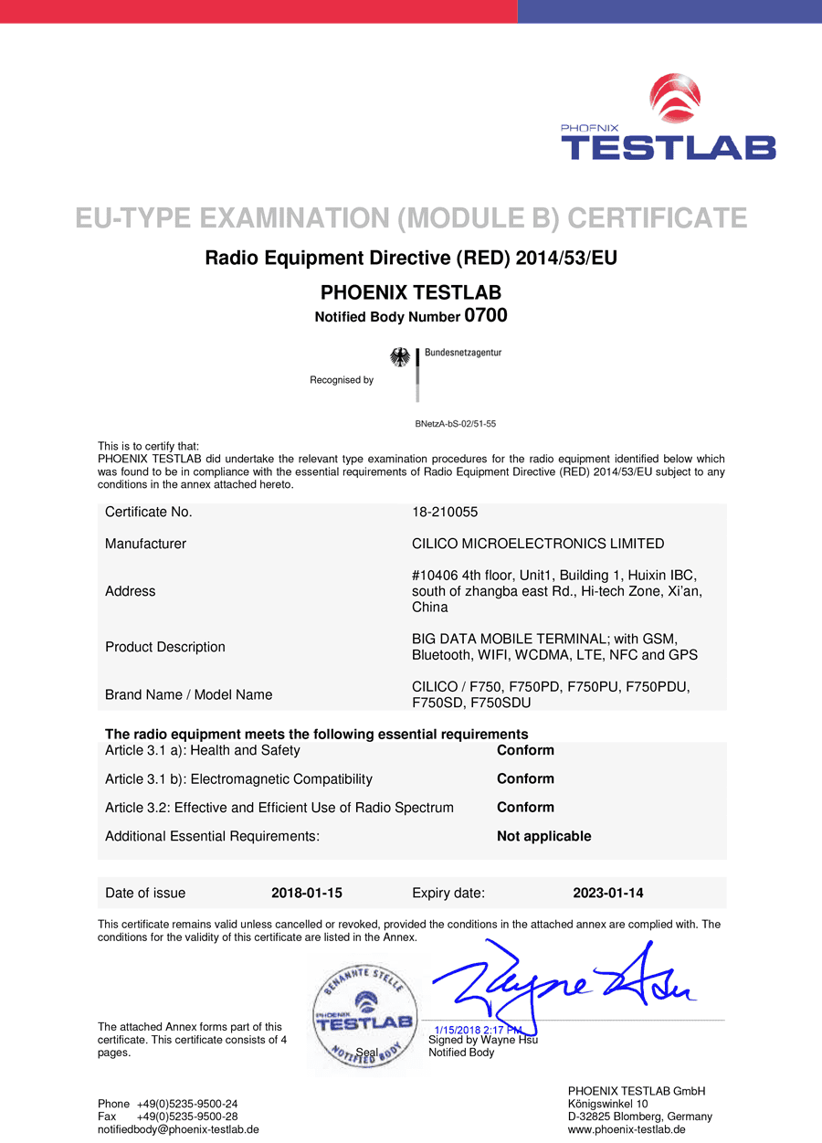 Radio Equipment Directive (RED) Certificate No. 18-210055